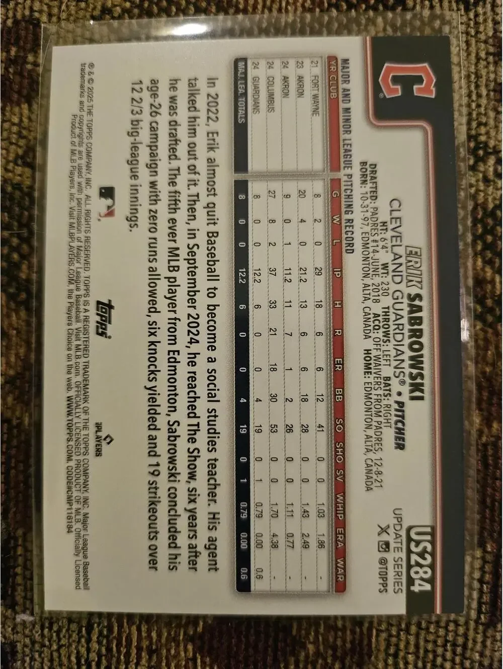 2025 Topps Update - Erik Sabrowski - RC  #US284 - Guardians - RAW Mint - Picture 2 of 2